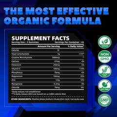 GlucoBio Creatine Monohydrate Gummies label closeup emphasizes vegan, sugar-free formula.
