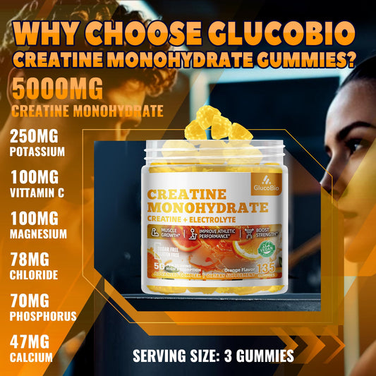 Glucobio Creatine Monohydrate Gummies pour showing easy serving for workouts.