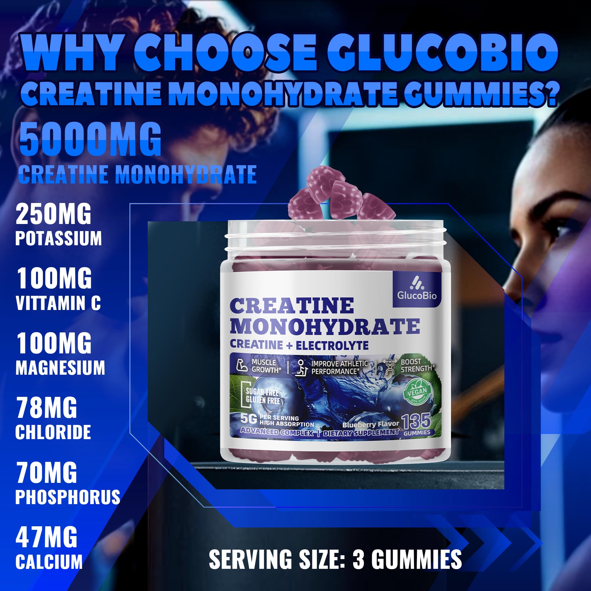 GlucoBio Creatine Monohydrate Gummies serving scoop highlights easy dosing for workouts.