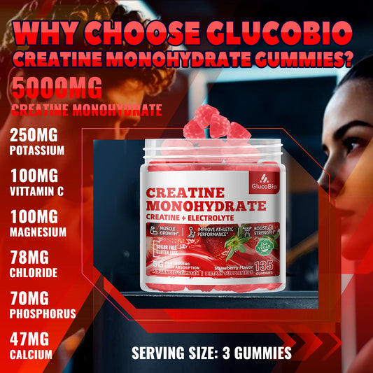 Three-piece serving of GlucoBio gummies for easy daily creatine intake.