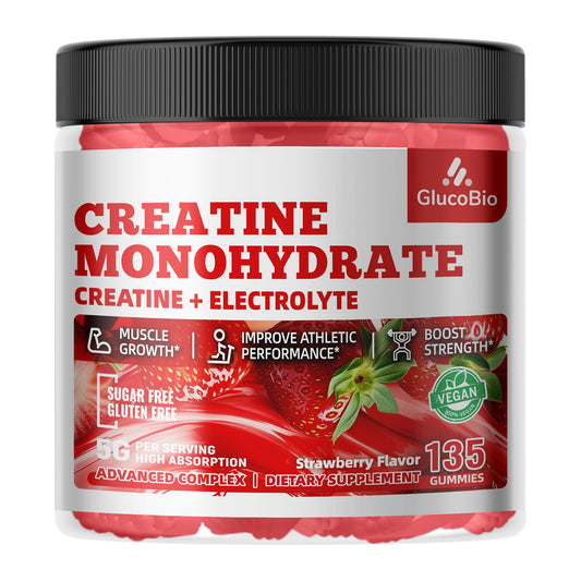 GlucoBio Creatine Monohydrate Gummies strawberry 135-count for convenient pre-workout support.