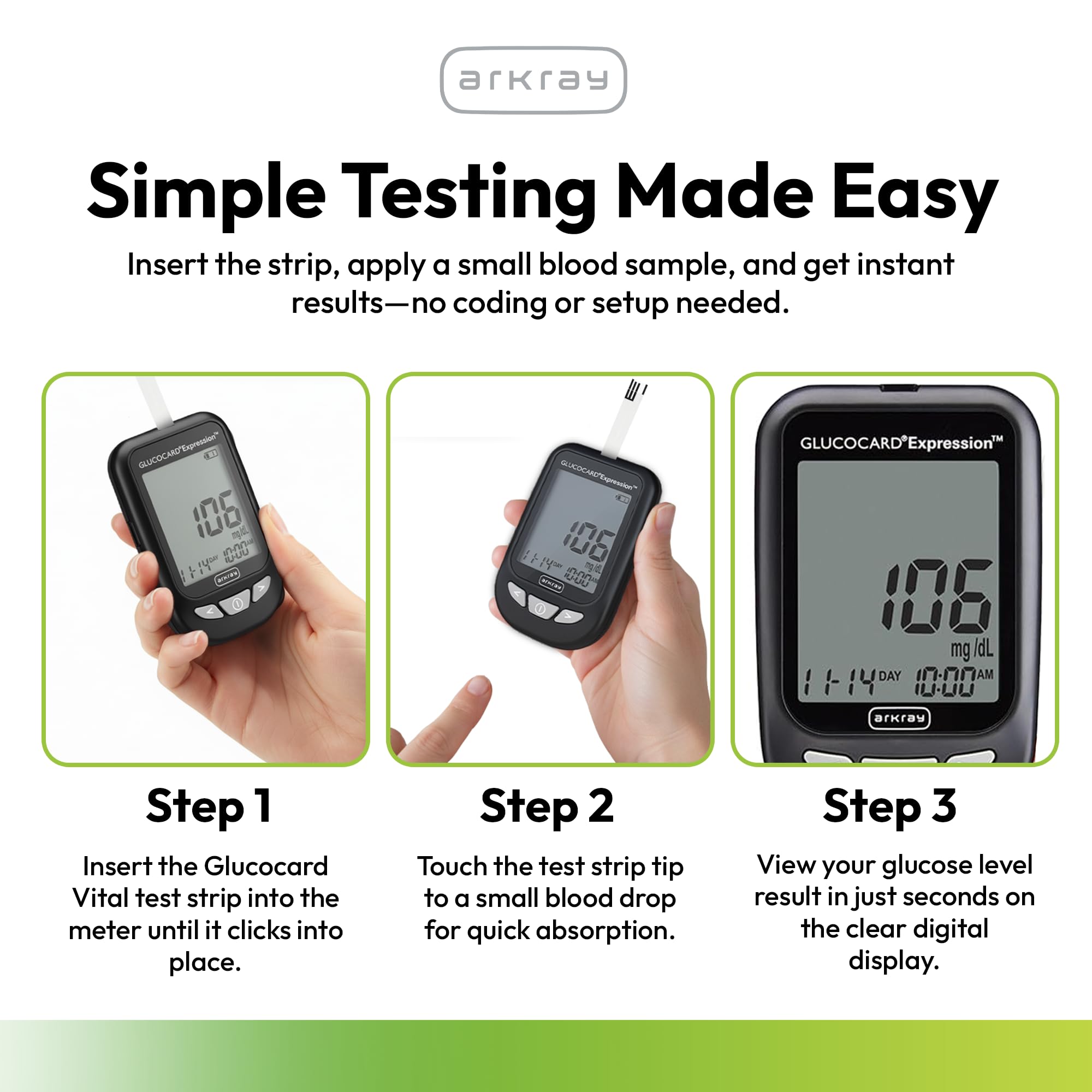 GLUCOCARD Expression six-second readout provides quick results.
