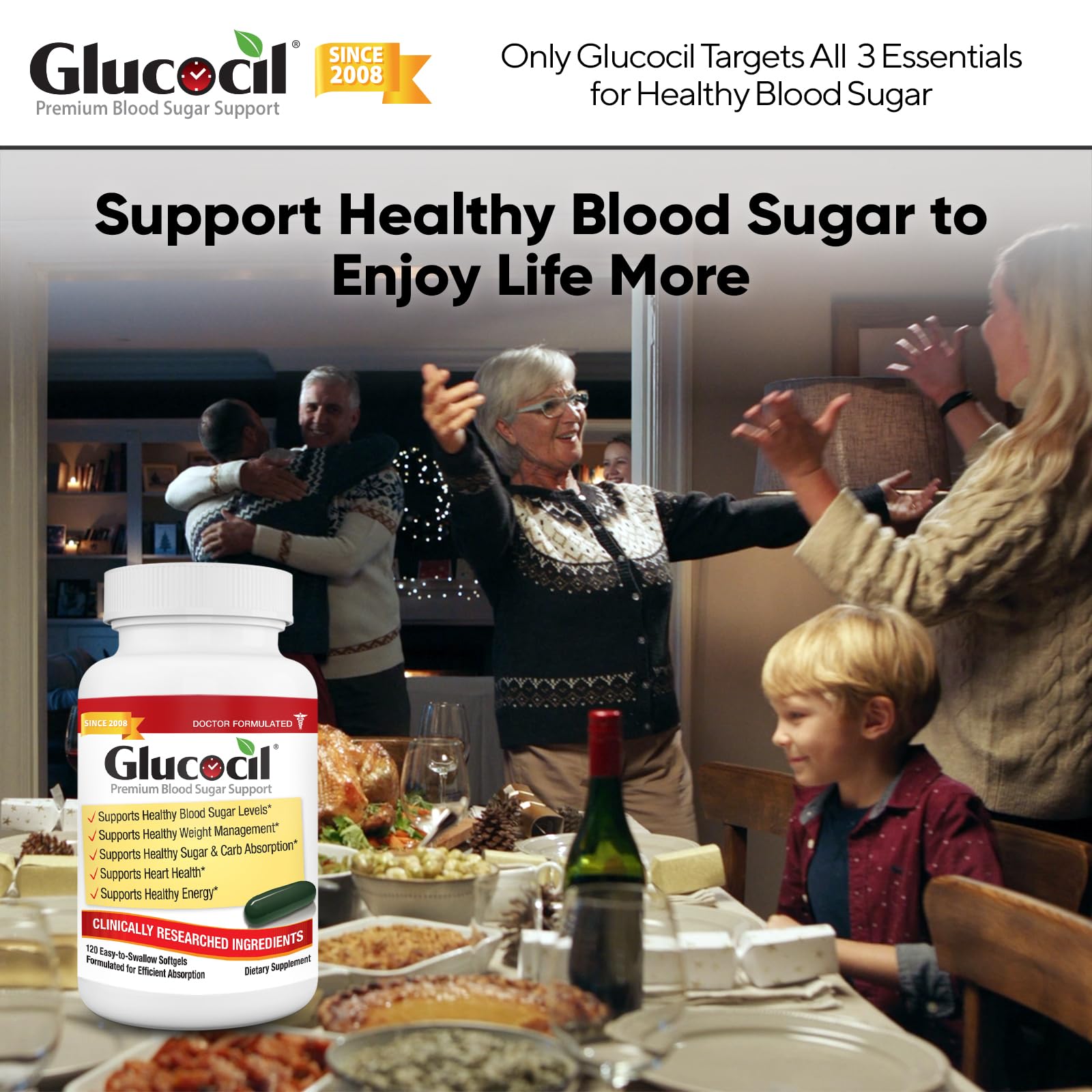 Glucocil dosing instructions visual showing lunch and dinner intake.