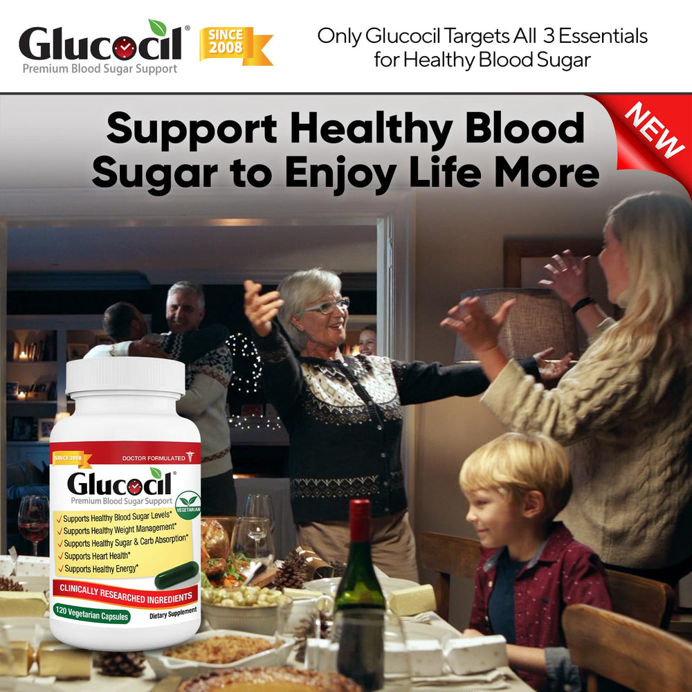 Glucocil bottle on kitchen counter with herbs.