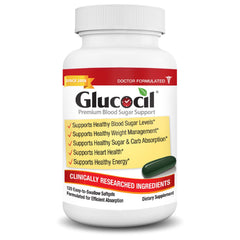 Glucocil softgels bottle front for premium blood sugar support.