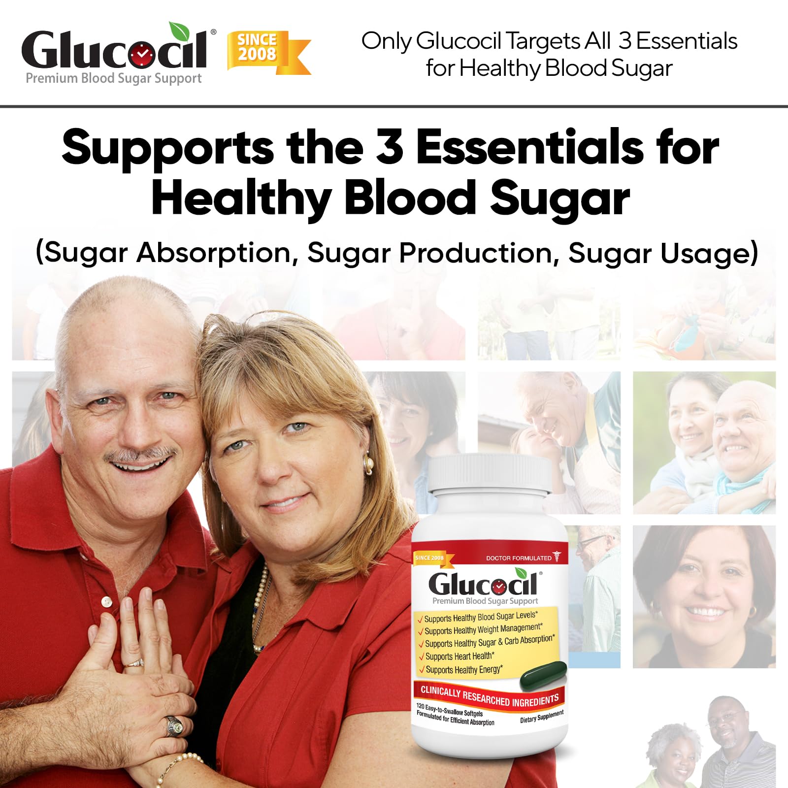 Close-up of Glucocil softgels showing easy-to-swallow capsules.