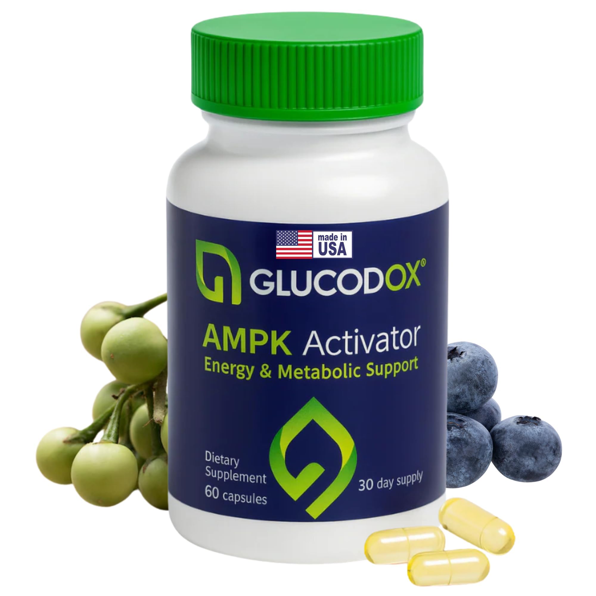 GlucodOX AMPK activator bottle front promotes vegan metabolism support for daily wellness