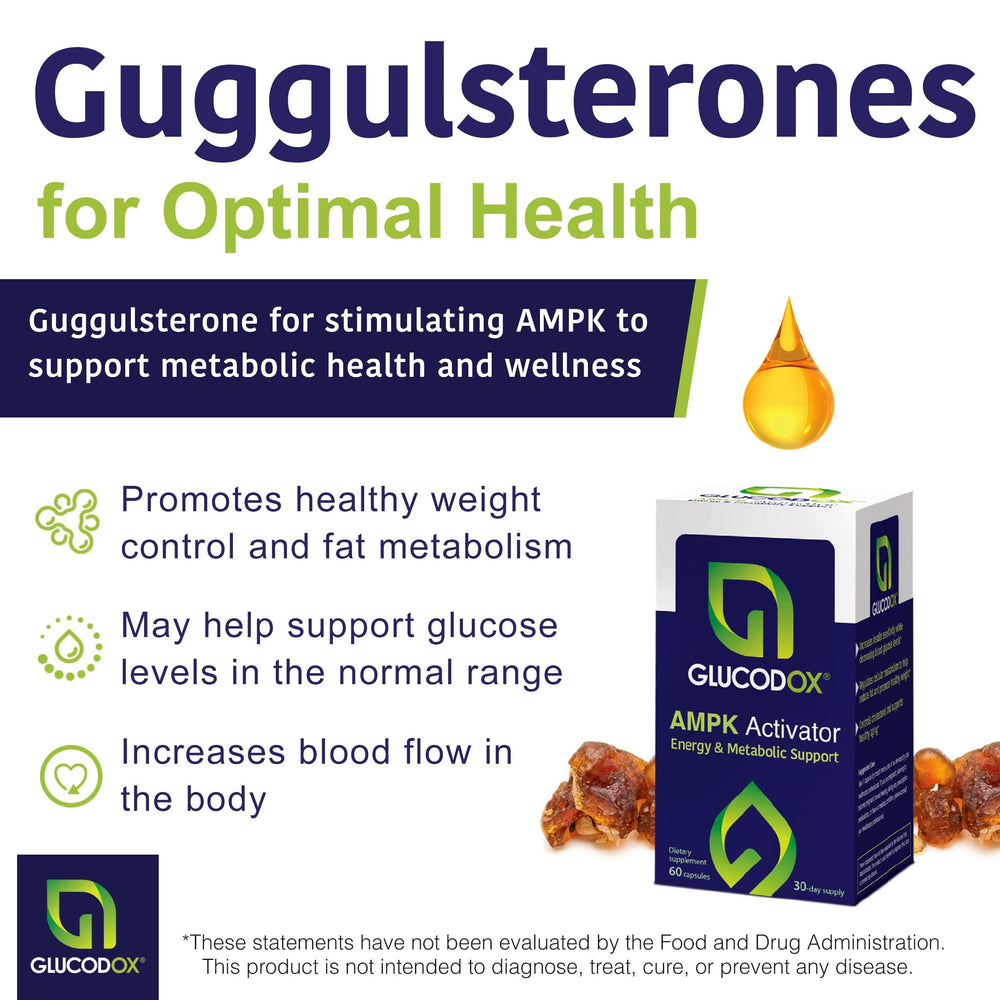 GlucodOX capsules close-up highlighting guggul-based formula