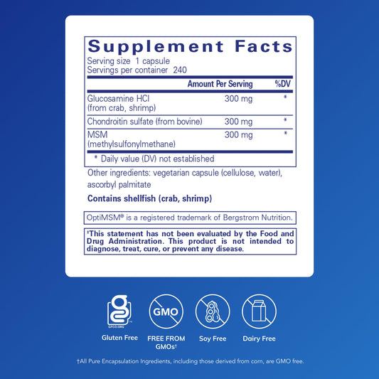 Glucosamine chondroitin MSM capsule closeup highlighting cartilage-friendly formula