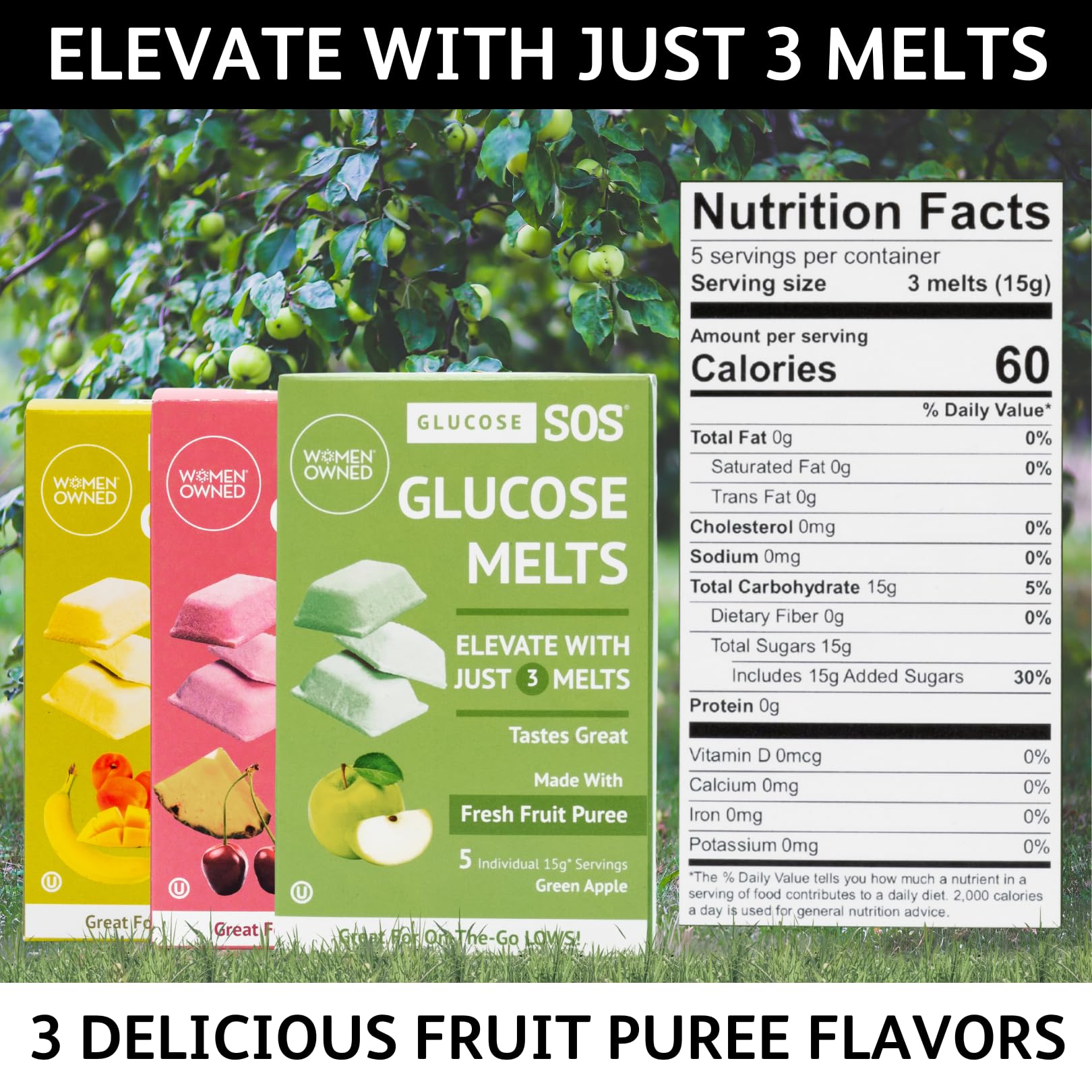 Glucose SOS melts mango flavor highlights bright color and easy on-the-go use.