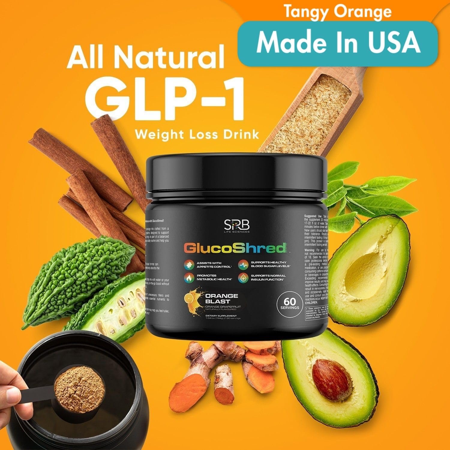 GlucoShred Advanced GLP-1 Drink Mix packaging label highlighting ingredients and benefits