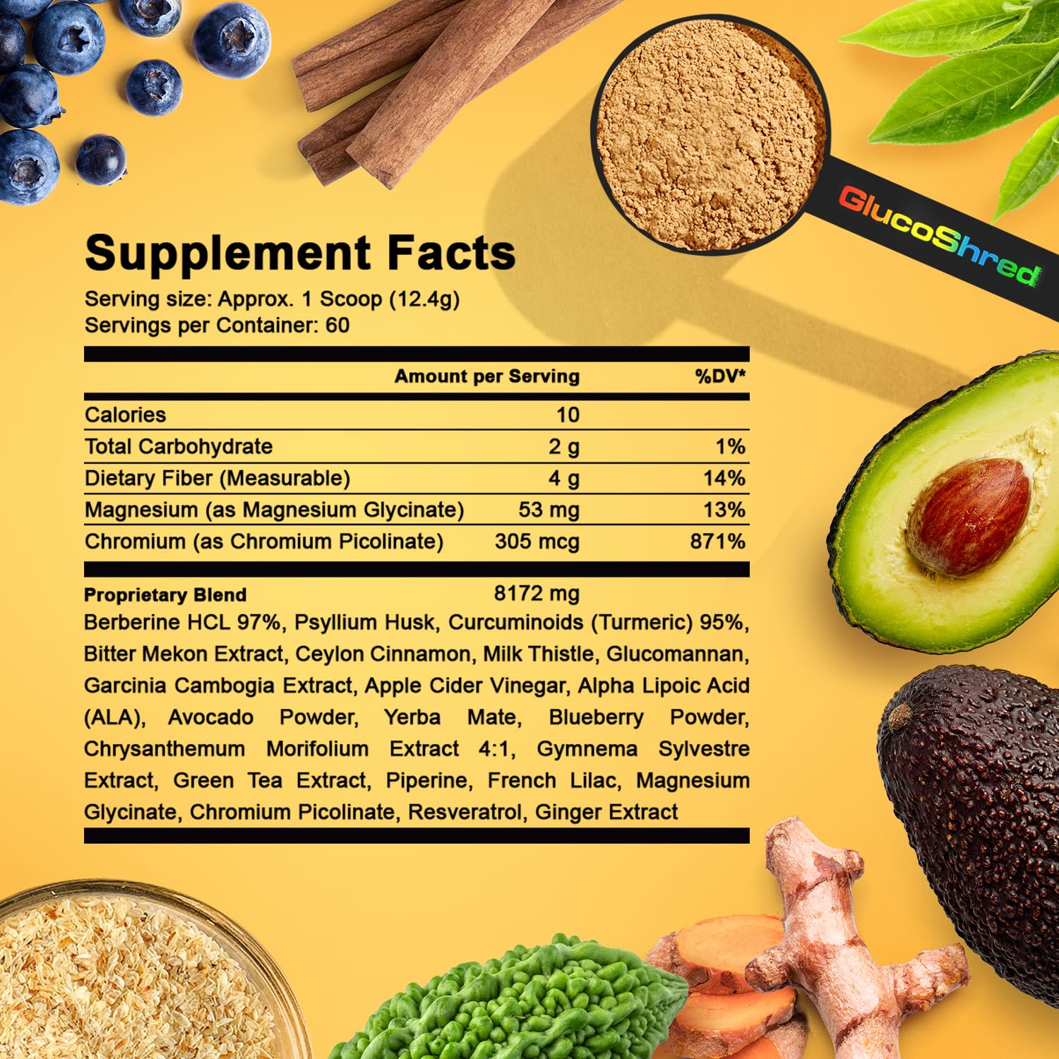 GlucoShred Advanced GLP-1 ingredient list showing clean, sugar-free formulation