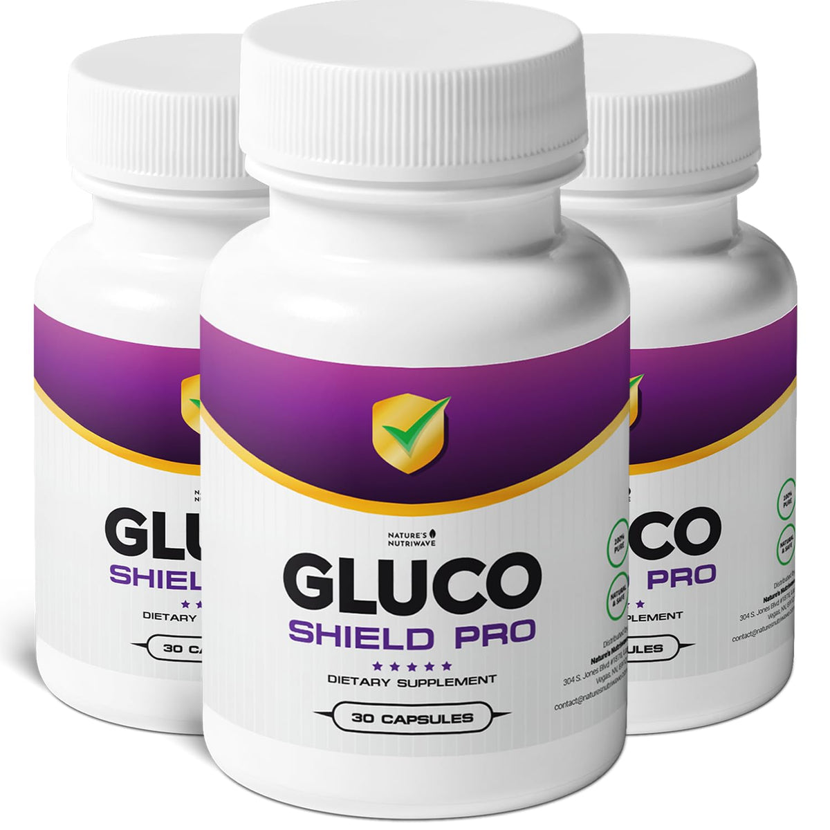 GlucoShield Pro bottle highlighting a stimulant-free, non-GMO daily supplement.