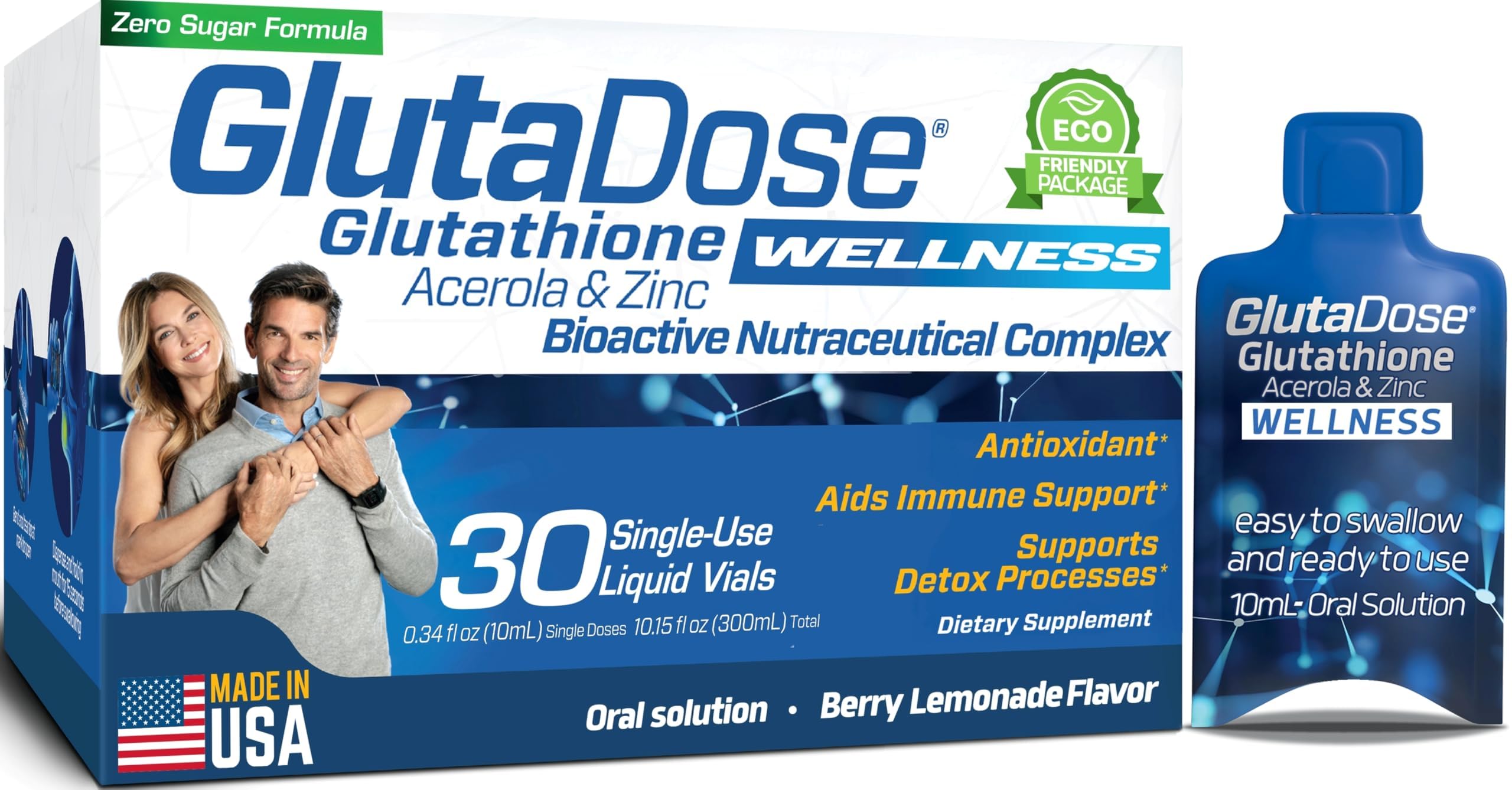 GlutaDose liquid glutathione lemon berry bottle pour supports daily immune wellness