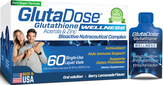 GlutaDose bottle pour shows lemon-berry flavor for an easy daily dose.