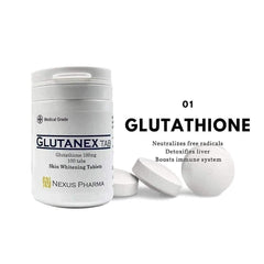 Glutanex Tab Glutathione tablets in foil strip highlighting texture and immune support