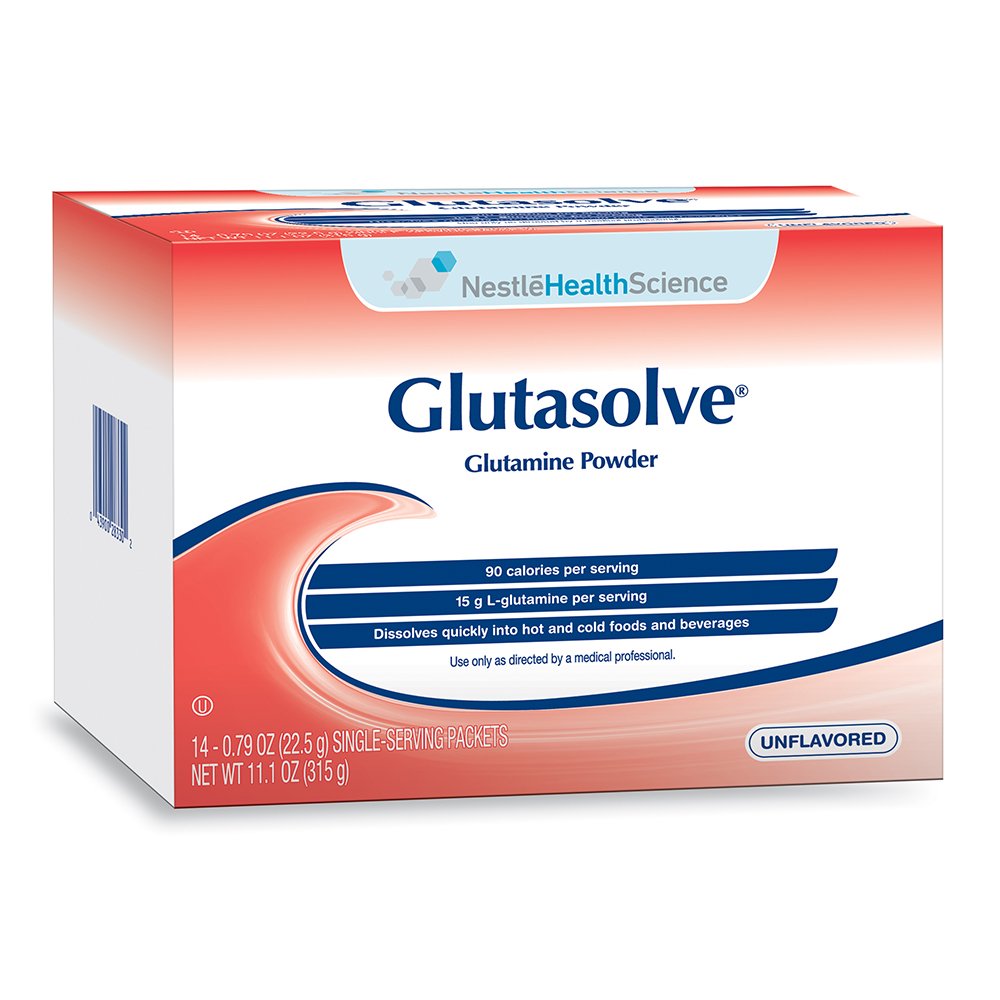 Glutasolve L-Glutamine powder packet front for GI health support.