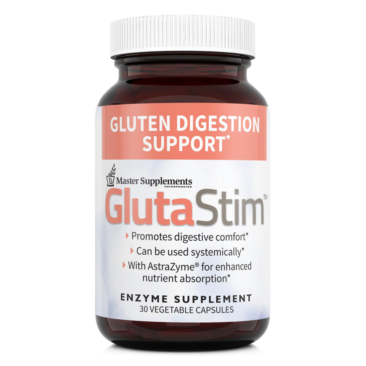 GlutaStim bottle front shows vegan gluten digestion support formula for on-the-go relief
