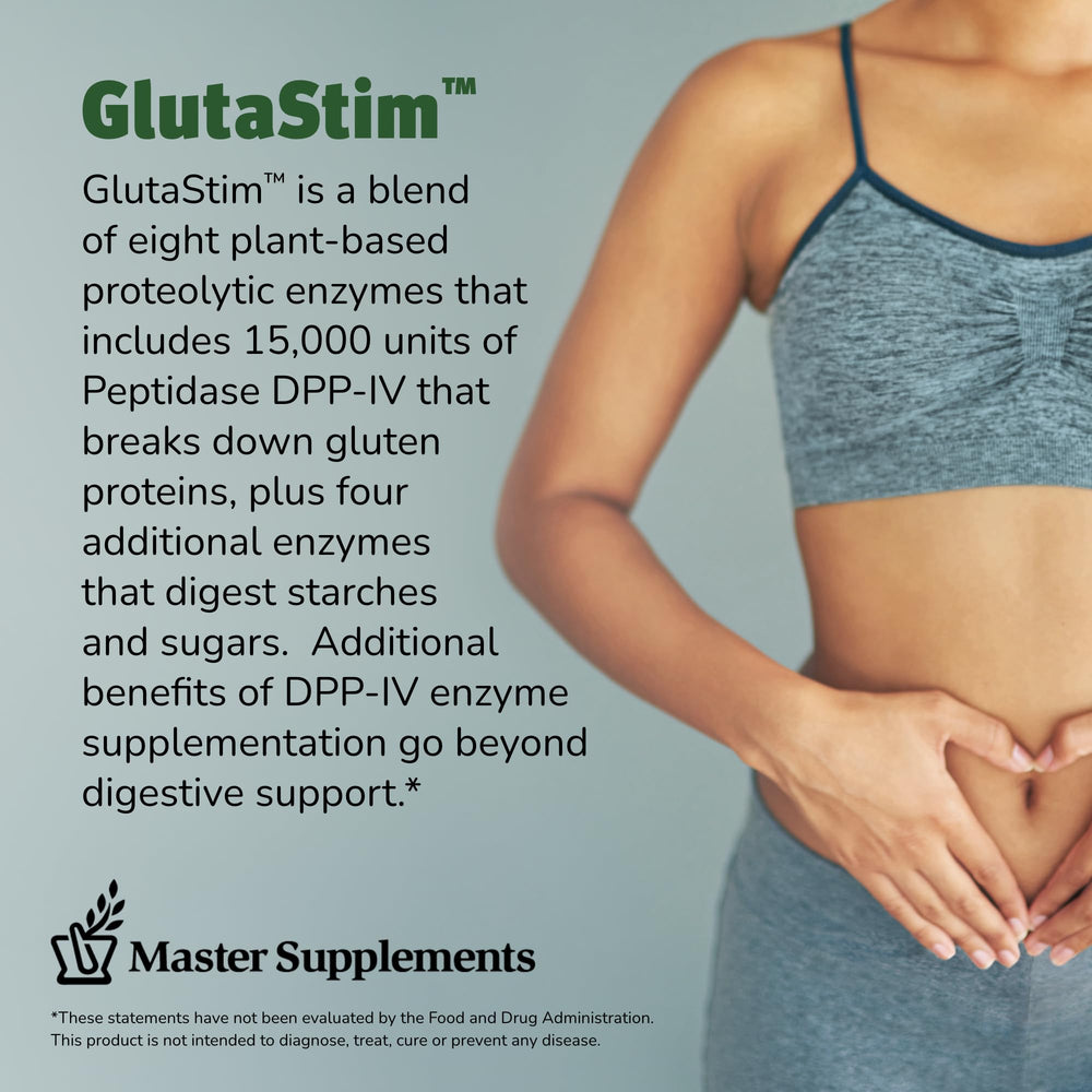 GlutaStim capsules close-up with plant-based enzyme blend