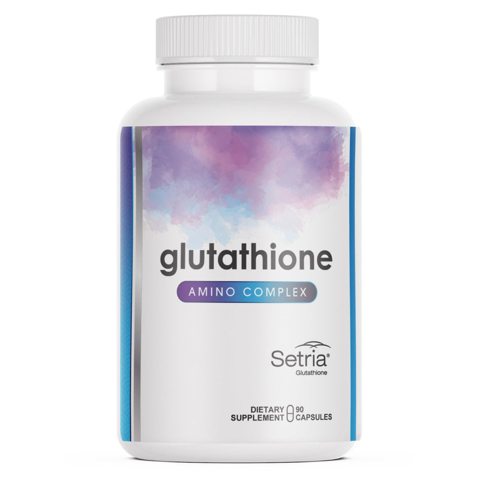 Glutathione Amino Complex bottle pour showing high-absorption antioxidants for daily immune support.