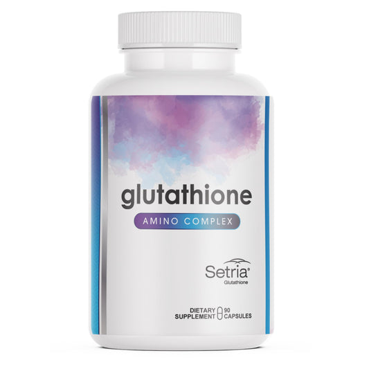 Glutathione Amino Complex bottle pour showing high-absorption antioxidants for daily immune support.