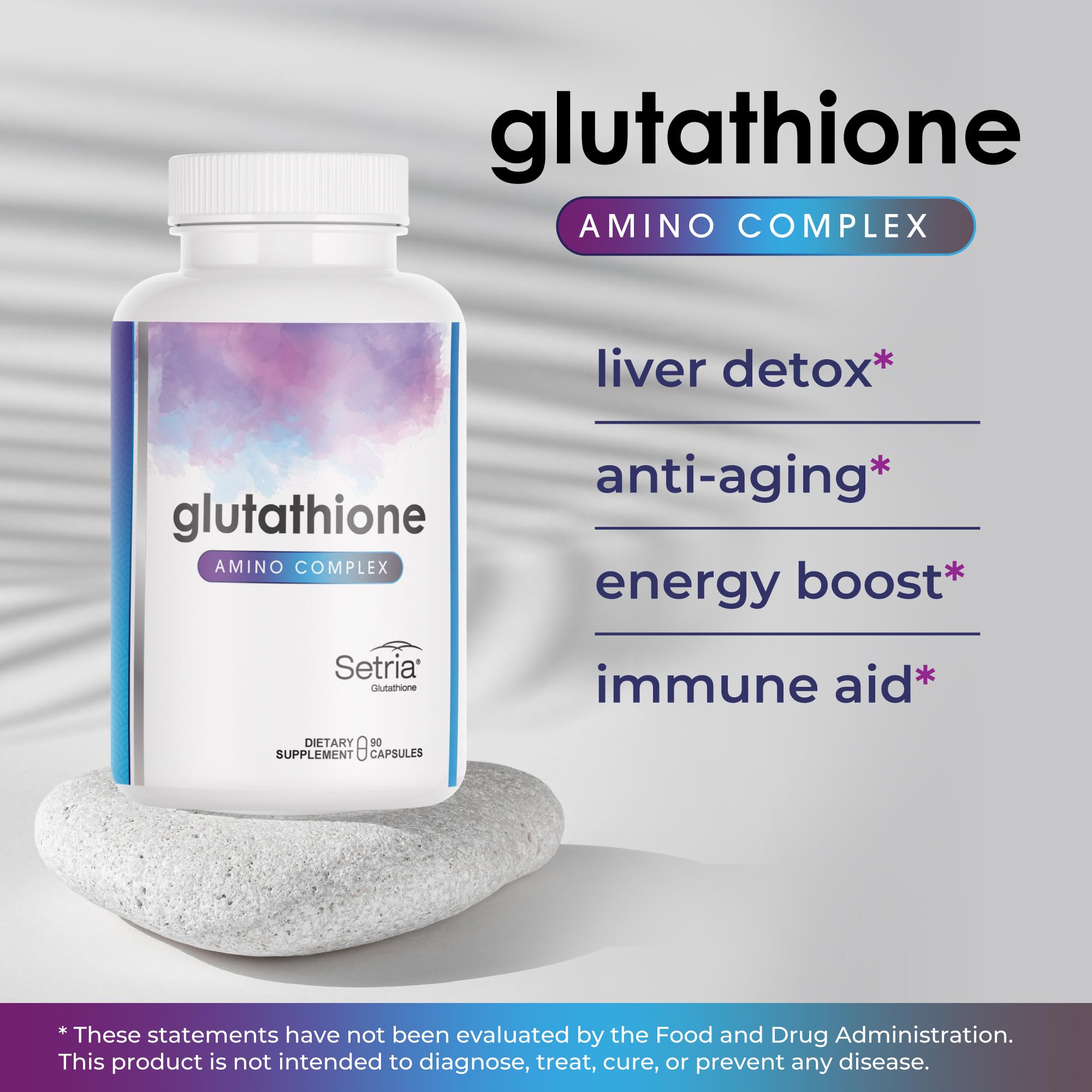 Glutathione Amino Complex capsules arranged for daily antioxidant support and energy.