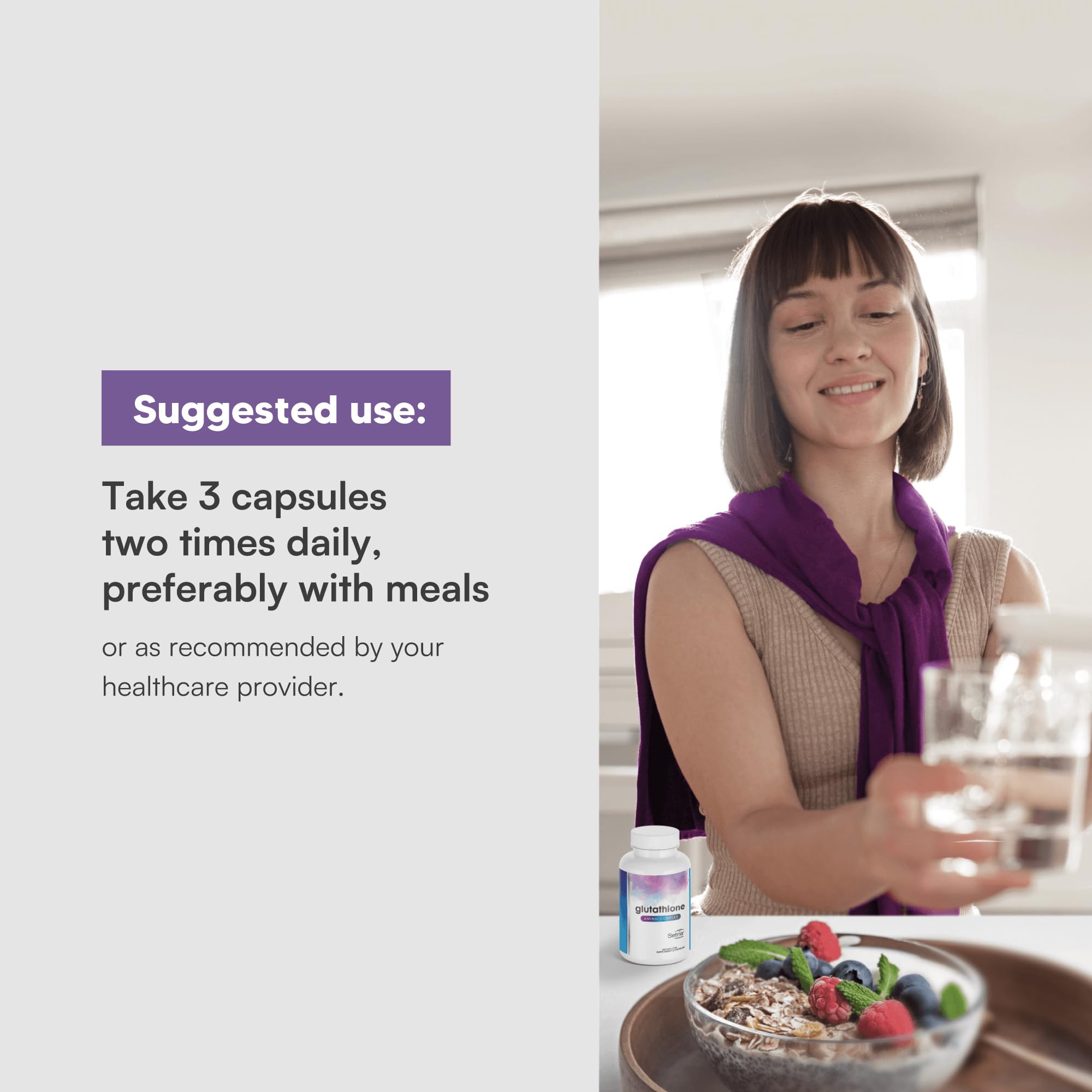 Glutathione Amino Complex label detailing Setria and Meriva for enhanced absorption.