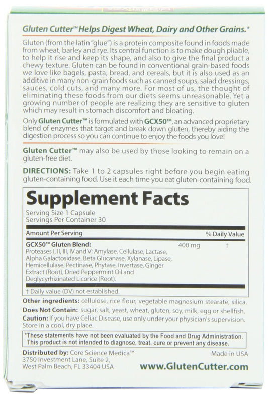 Gluten Cutter 90-capsules pack displayed with capsules, suggesting flexible gluten-containing meal use.