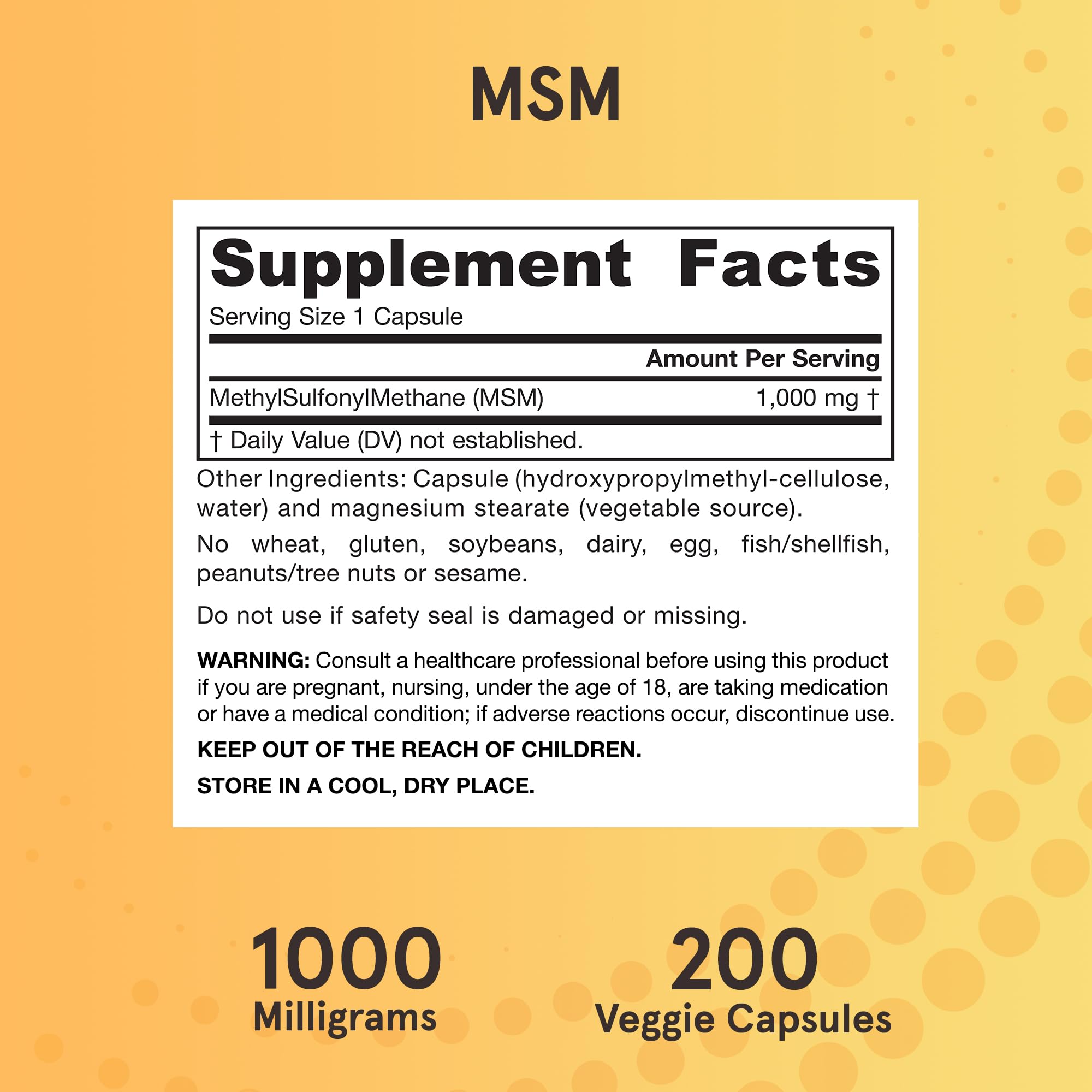 Gluten-free, non-GMO banner on Jarrow MSM label.