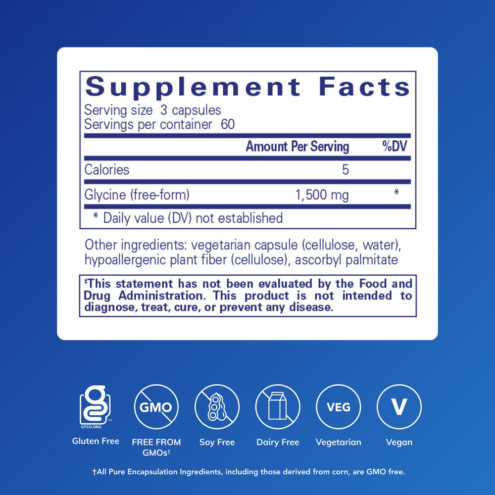 Pure Encapsulations Glycine capsules close-up highlighting liver detox support.