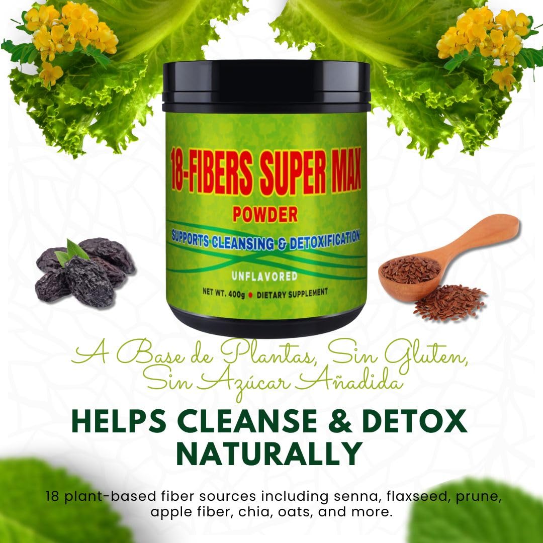 GMJ Fibra 18 Super MAX packaging emphasizes plant-based, gluten-free formula.