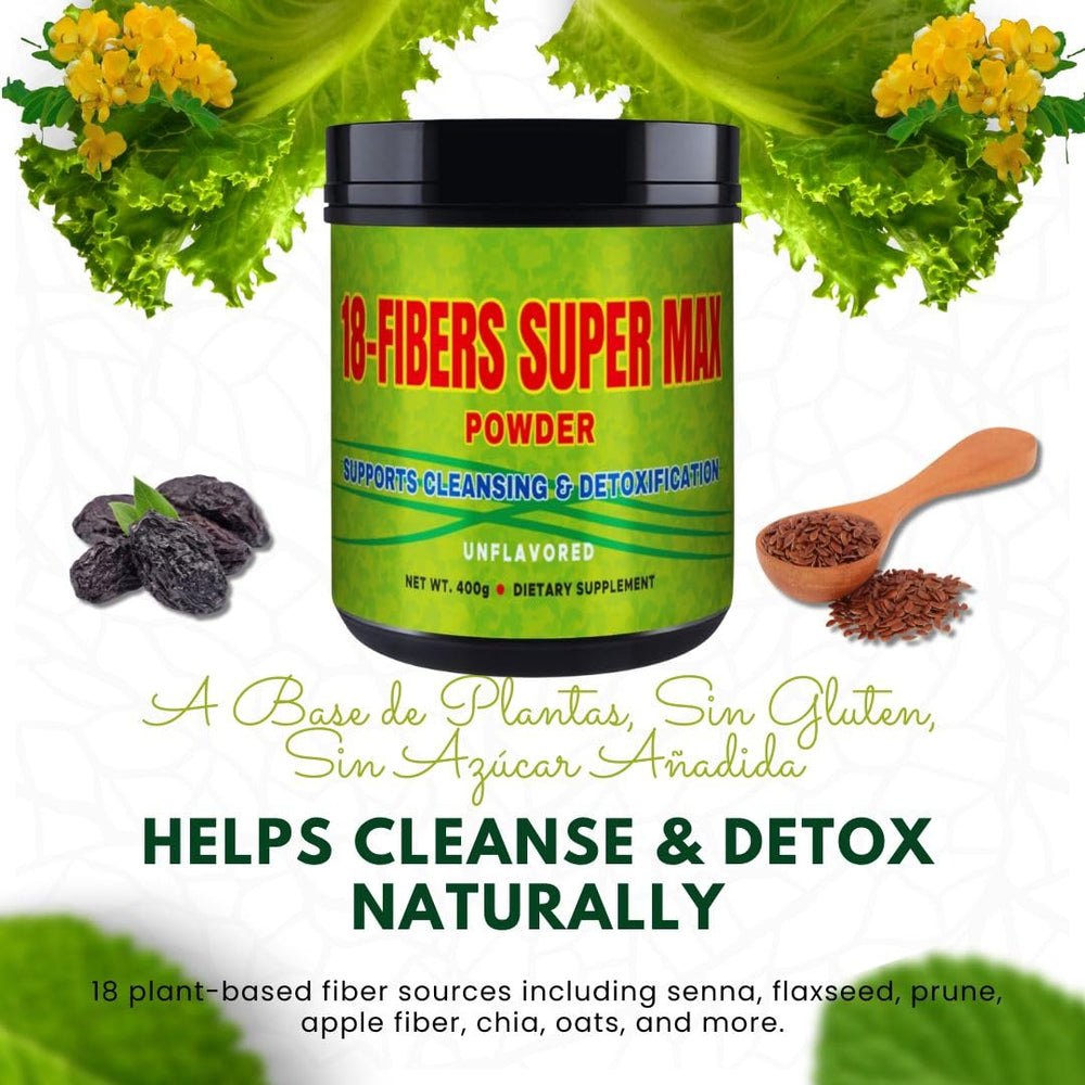 GMJ Fibra 18 Super MAX packaging emphasizes plant-based, gluten-free formula.