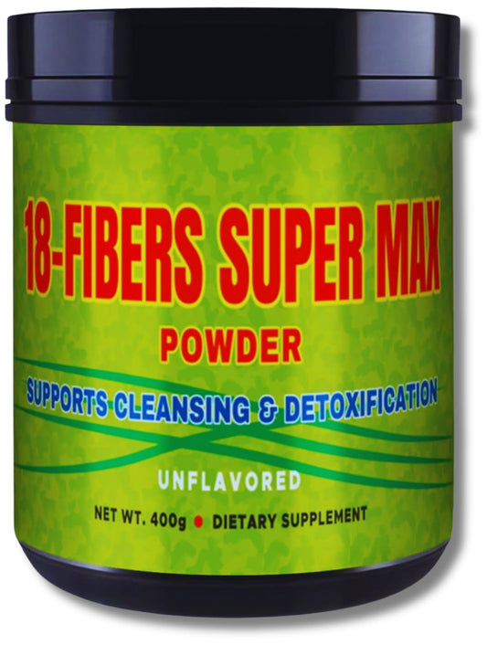GMJ Fibra 18 Super MAX powder bottle highlights 18-fiber blend for digestive support.