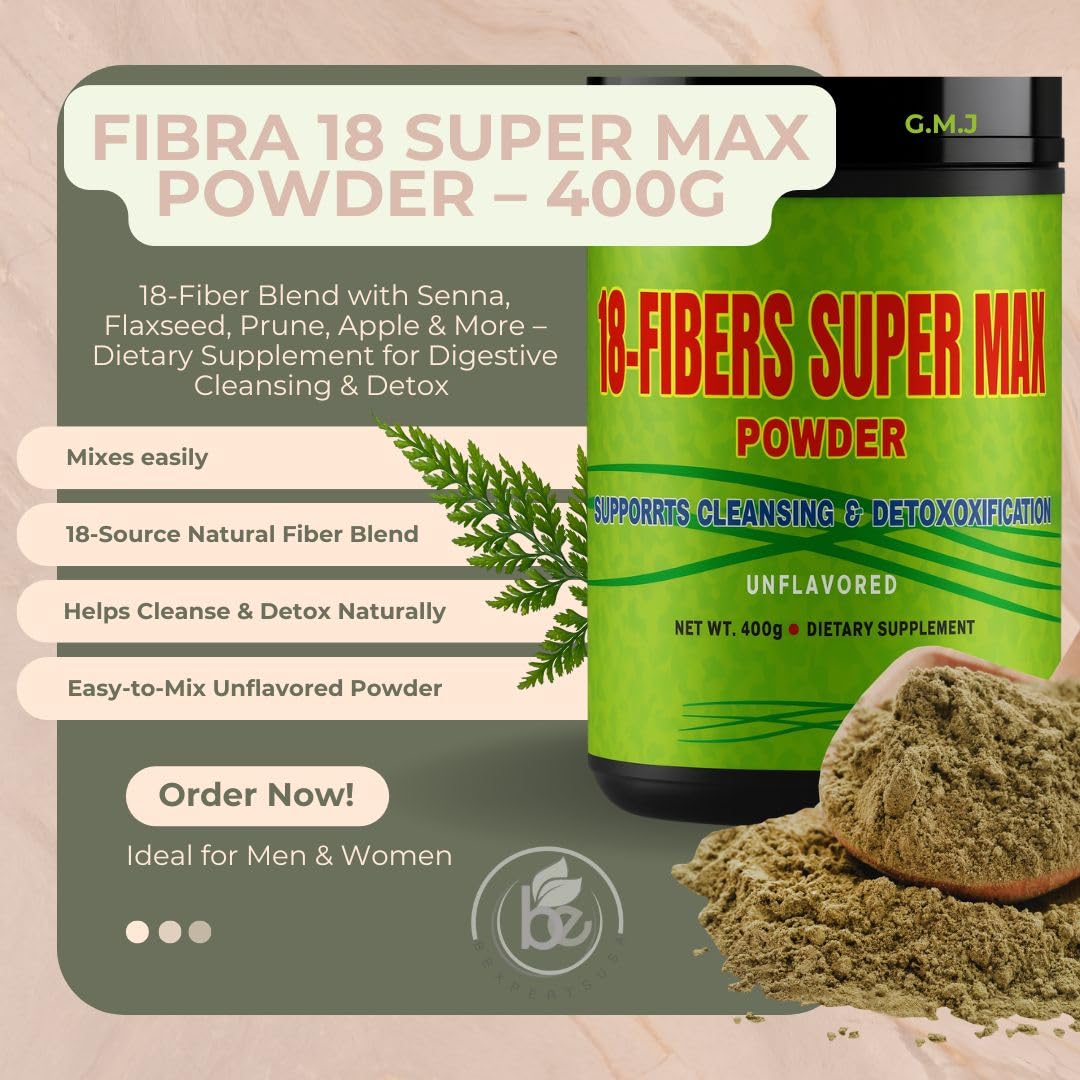GMJ Fibra 18 Super MAX scoop ready to mix into water for easy digestion.