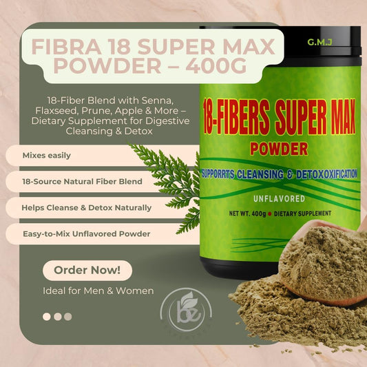 GMJ Fibra 18 Super MAX scoop ready to mix into water for easy digestion.