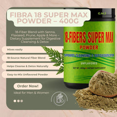 GMJ Fibra 18 Super MAX scoop ready to mix into water for easy digestion.