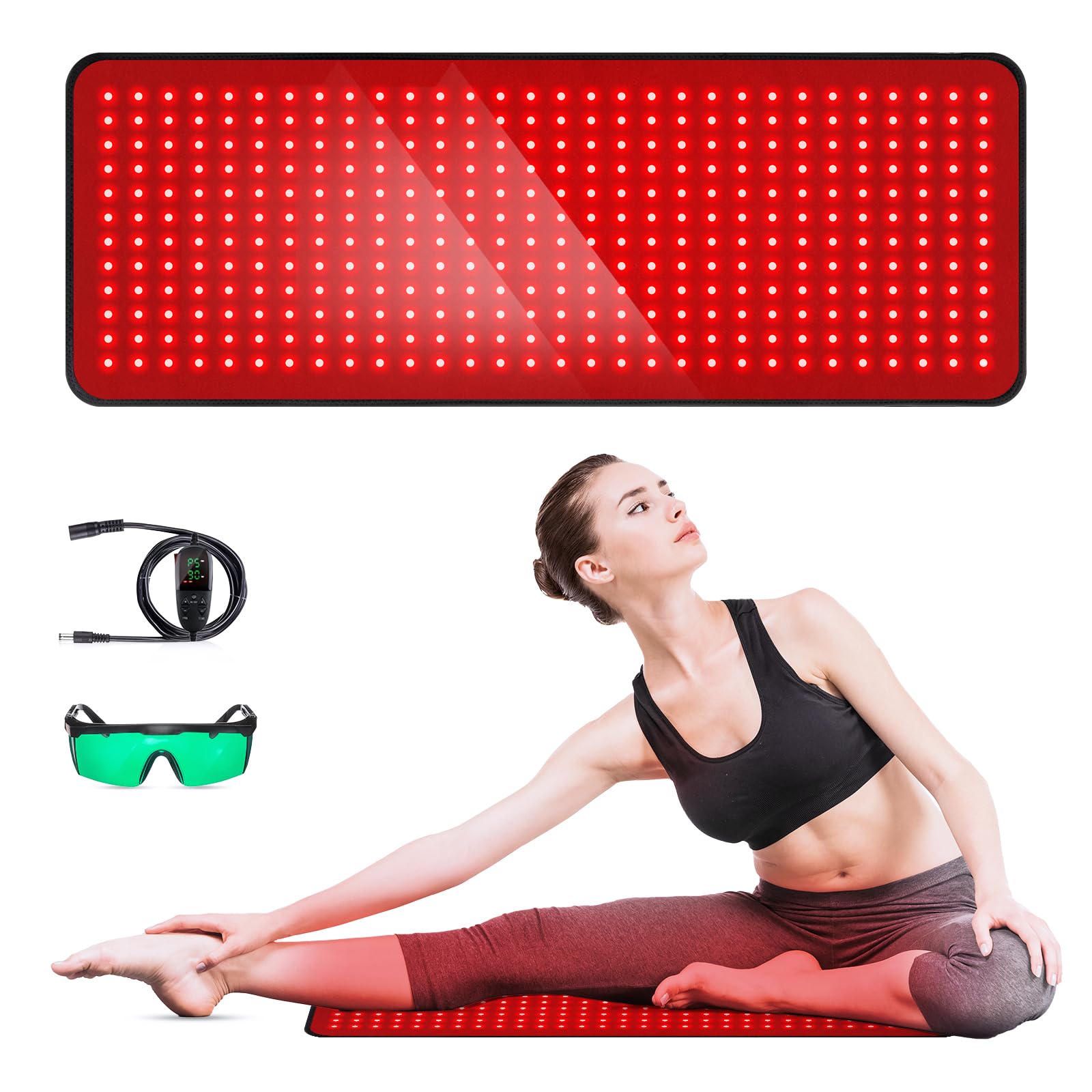 GMOWNW red light therapy pad on back for full-body coverage and potential relaxation.