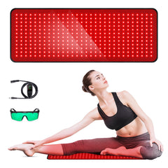 GMOWNW red light therapy pad on back for full-body coverage and potential relaxation.