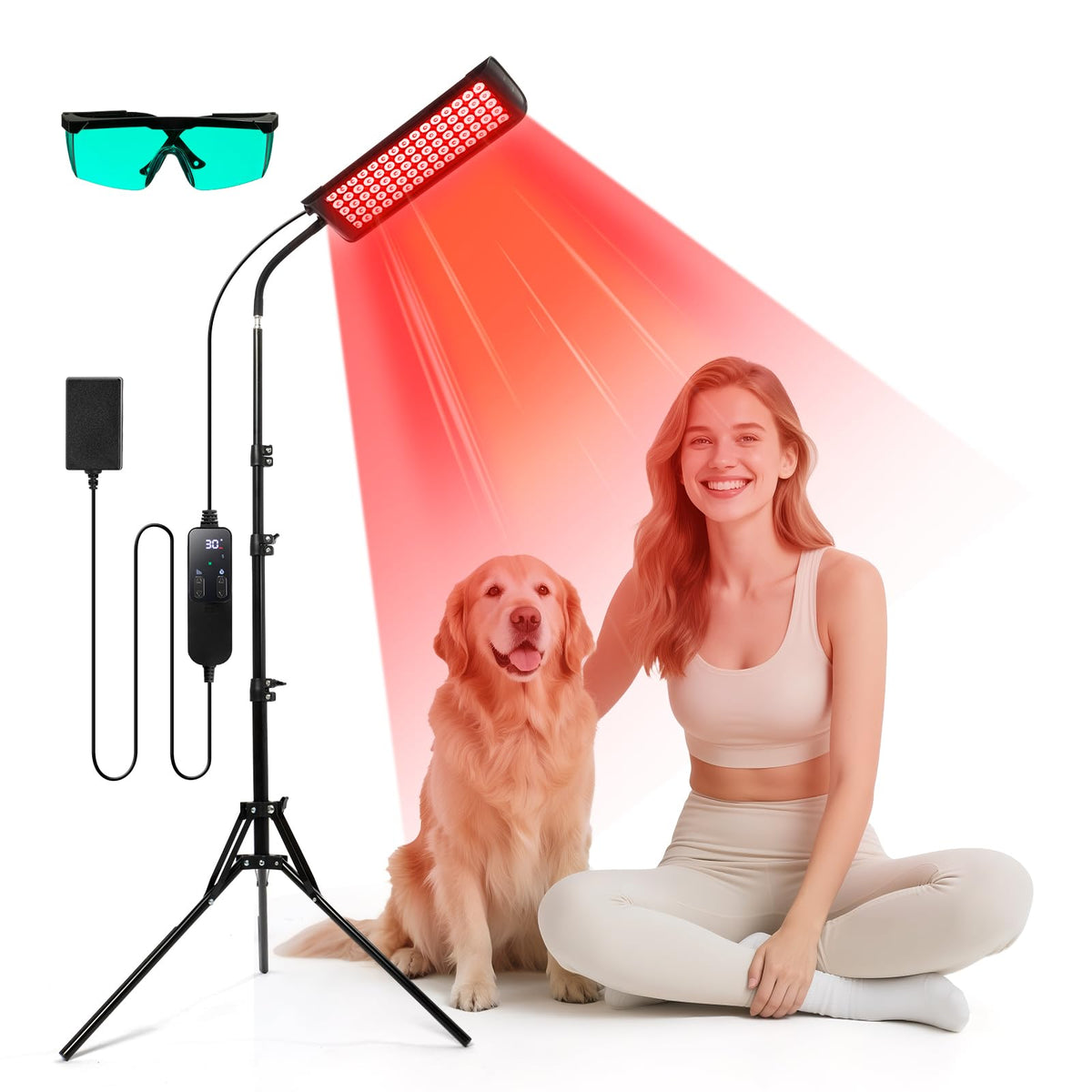 GMOWNW red light therapy panel on a stand for face and body routines.