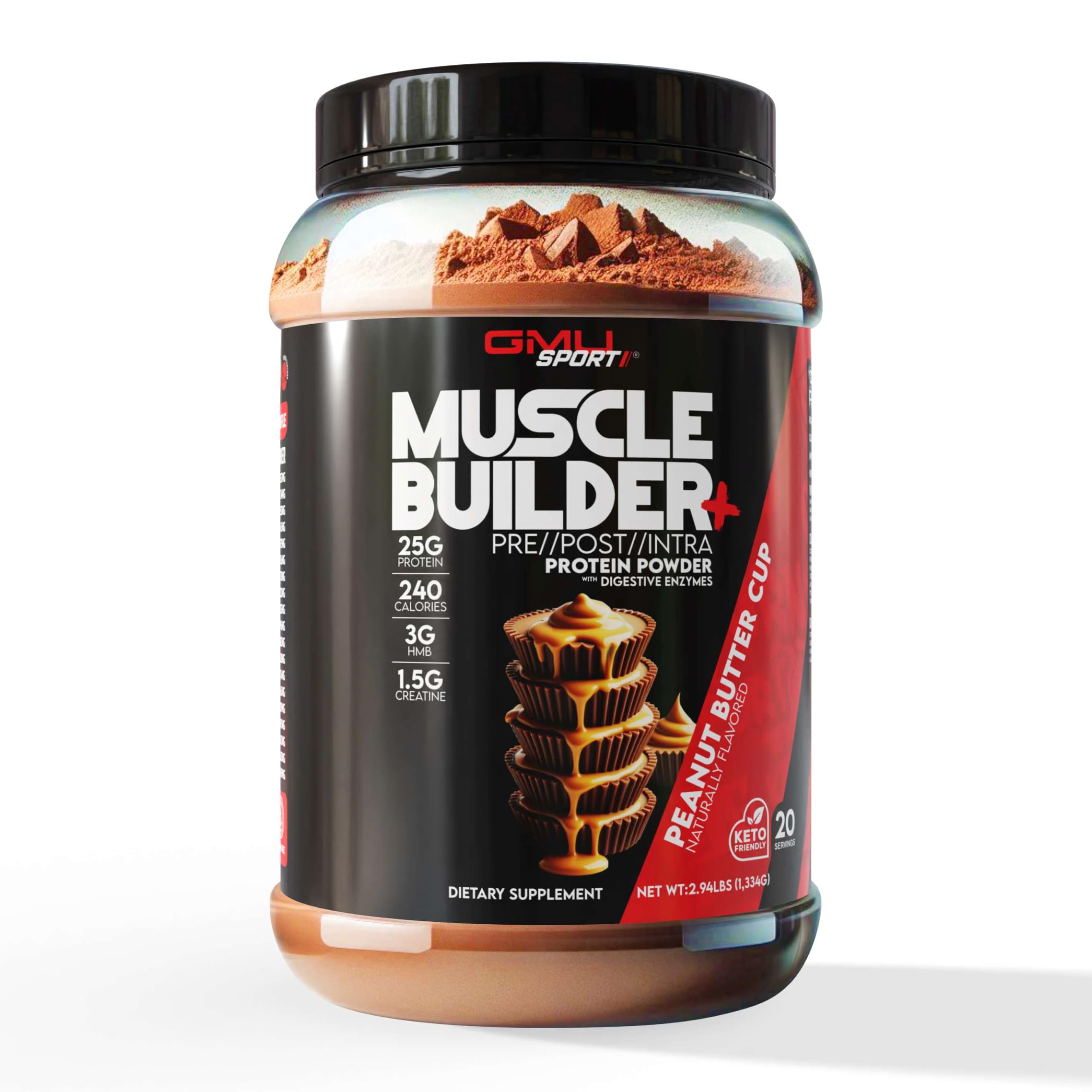 GMU SPORT Muscle Builder+ bottle front highlighting the protein blend for workouts
