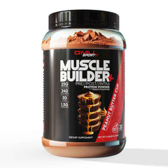 GMU SPORT Muscle Builder+ bottle front highlighting the protein blend for workouts