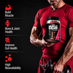 GMU SPORT Muscle Builder+ label close-up emphasizing low sugar nutrition