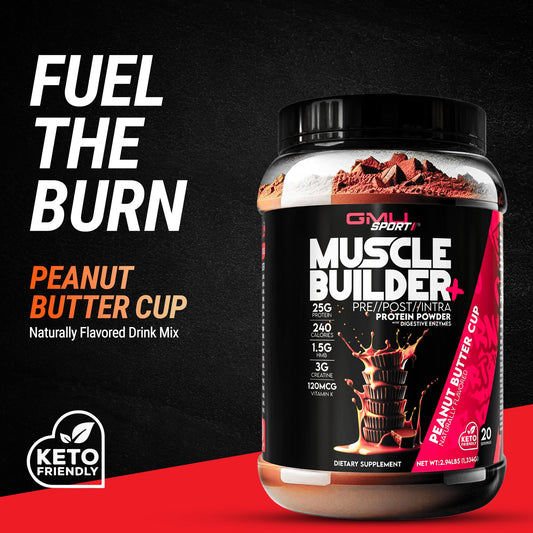 GMU SPORT Muscle Builder+ scoop beside powder showing high protein content for recovery
