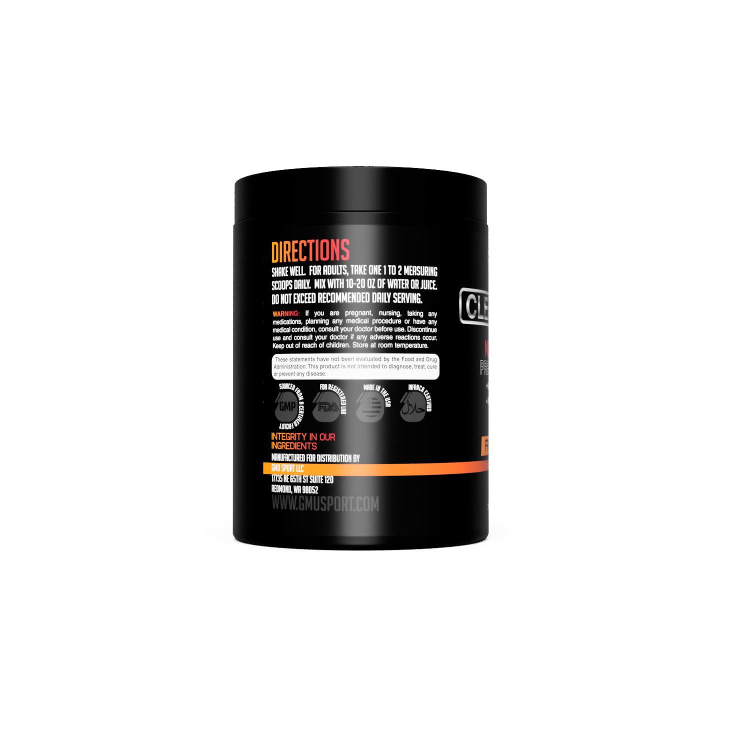 GMU SPORT Clean Pump Non Stim pre-workout fruit punch shake supports smooth focus
