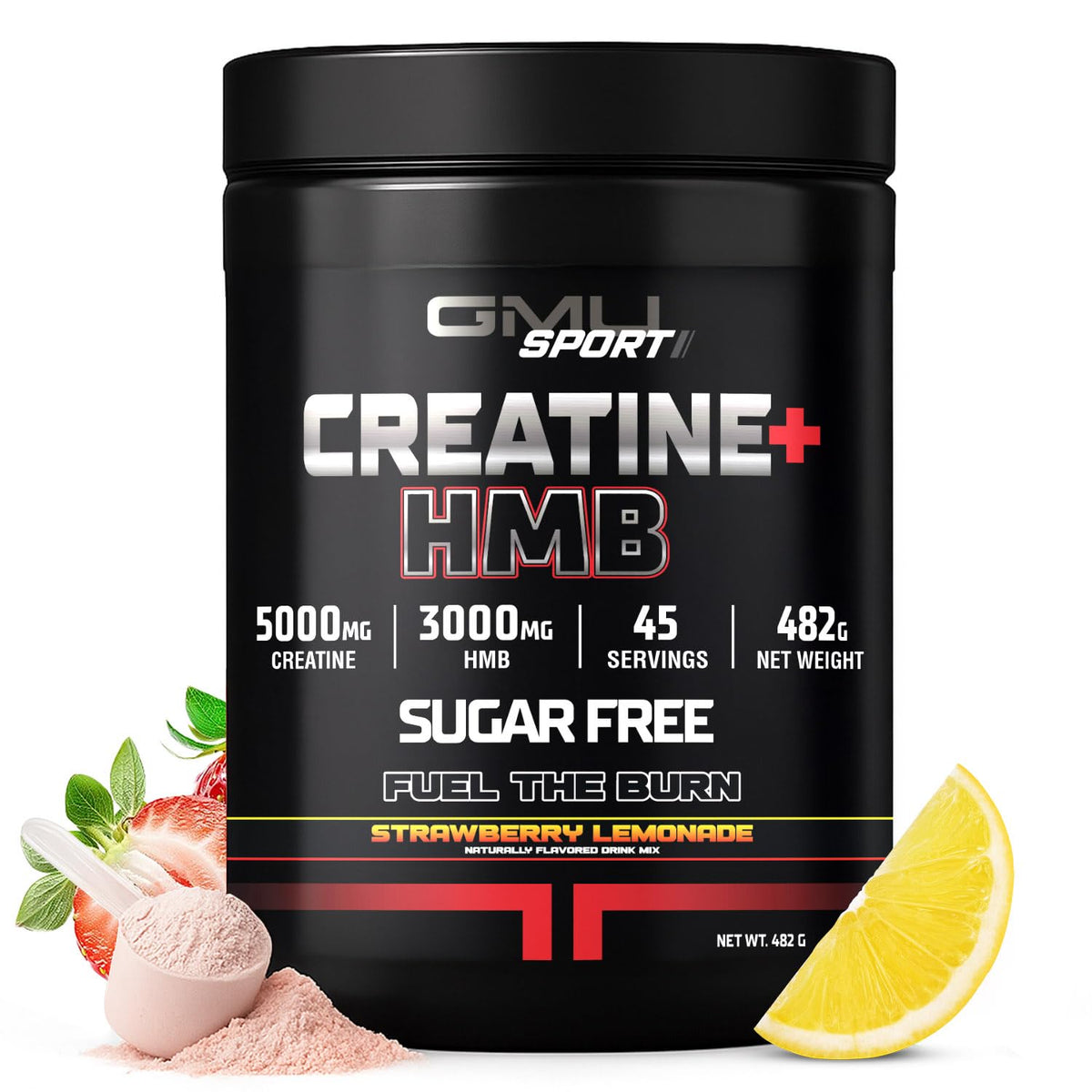 GMU SPORT Creatine 2.0 bottle front highlighting flavor and premium formula for workouts