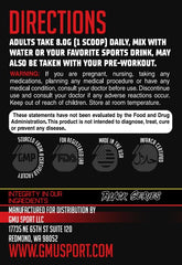 GMU SPORT Creatine HMB label; shows purity and dosage information