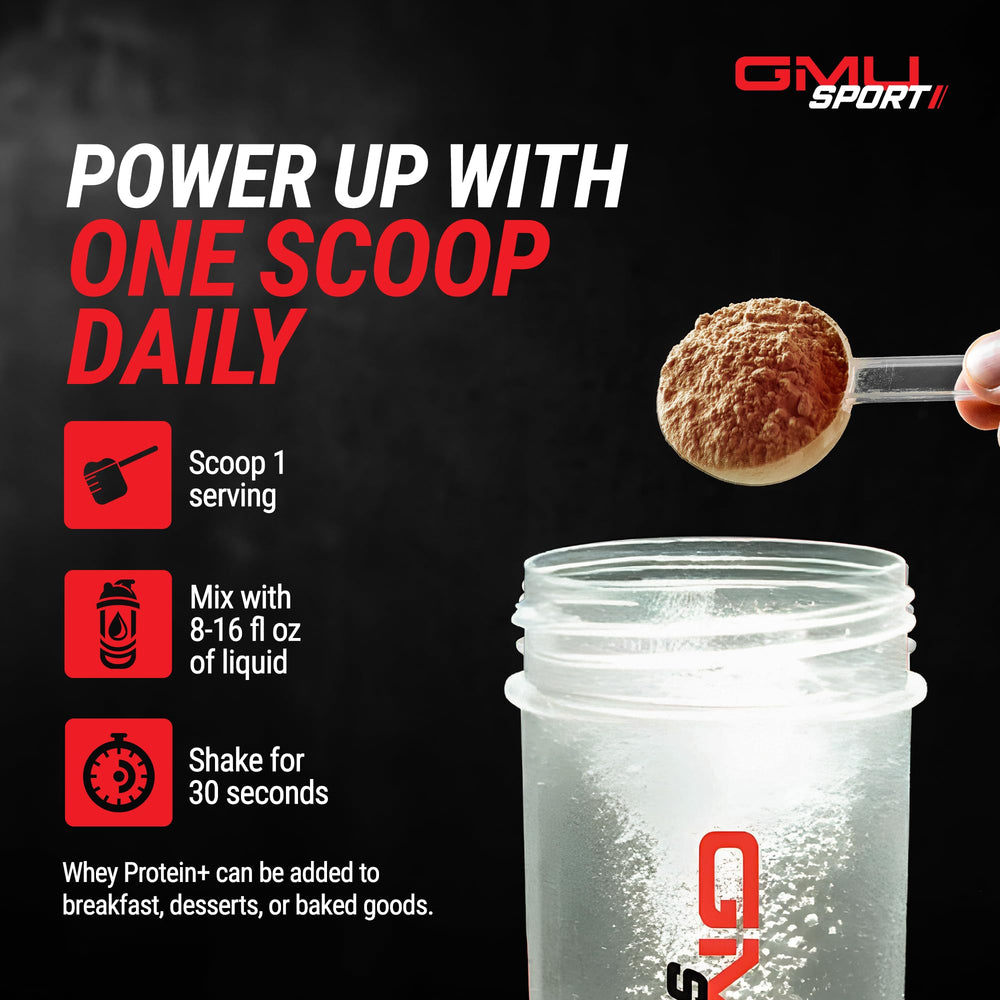 GMU SPORT Whey Protein+ closeup texture reveals fine powder and appealing mouthfeel.