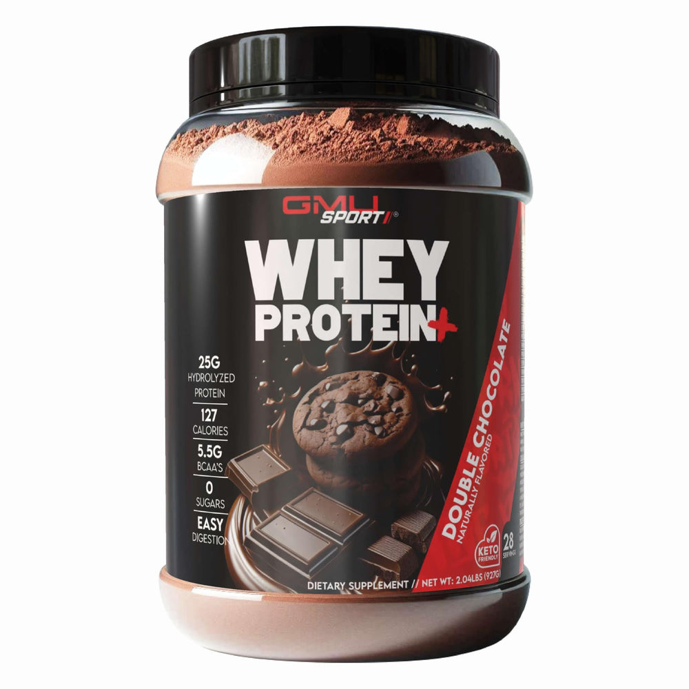 GMU SPORT Whey Protein+ label front highlights low-calorie, sugar-free formula.