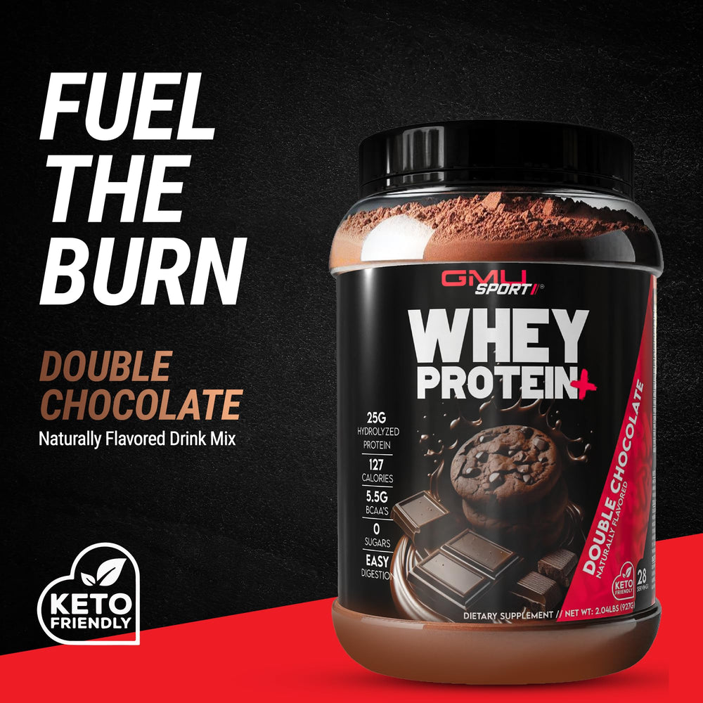 GMU SPORT Whey Protein+ scoop demonstrates easy portion control for post-workout fueling.