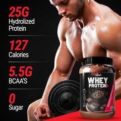 GMU SPORT Whey Protein+ tub view emphasizes 28 servings for ongoing training.